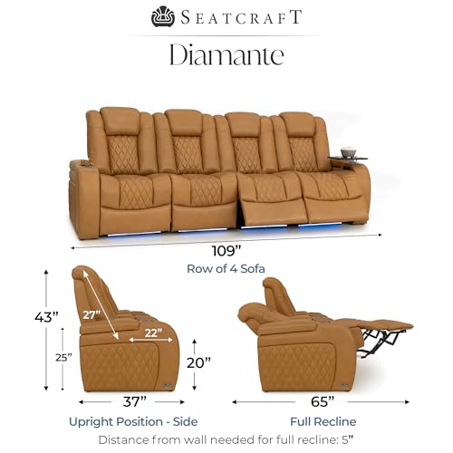 Image of Seatcraft Diamante Tan Oak Italian Leather Home Theater Seating, Zero Gravity Power Recliner Gaming and Home Office Chair, Powered Headrest Lounge Sofa Furniture for Cinema Room, Row of 4 Sofa