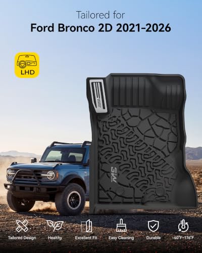 Image of 3W Floor Mats with Metal Pedal & Cargo Liner for 2021-2026 Ford Bronco | All Weather TPE Car Accessories Custom Fit Full Set Car Mats (Not for Bronco Sport & Rubberized Floor)