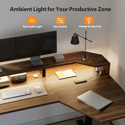 Image of Agilestic 63 Inch L Shaped Electric Standing Desk with Shelf, Height Adjustable Large Desk with Power Outlets & LED, Corner Sit Stand Up Table with Monitor Stand, Computer Workstation, Dark Walnut