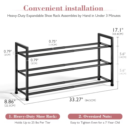 Image of Bumusty 3-Tier Expandable Shoe Rack for Closet, 18 inch-33 inch Adjustable Shoe Rack for Small Space, Small Shoe Organizer for Front Door, Sturdy Metal, Black