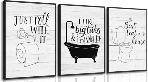 3Pcs Funny Bathroom Quotes Wall Art Black White Toilet Paper Bathtub Posters Prints Minimalism Washroom Painting Pictures Wall Decor 16x24in Unframed