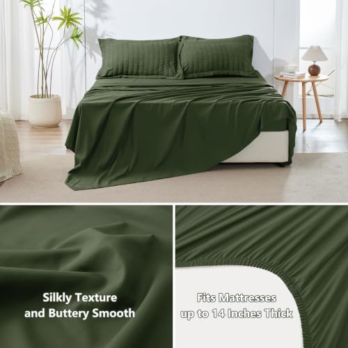 Image of HIMEET Full Size Comforter Sets - 7 Pieces Seersucker Bed in a Bag, Boho Bedding Sets for Bedroom Decor, All Season Home Essential Bed Set with Comforter, Sheets, Pillowcases & Shams, Olive Green