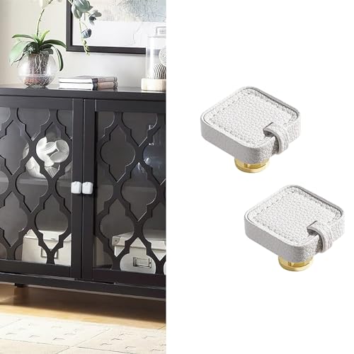 Image of 2 Pack Leather Cabinet Knobs Hand-Stitch White Square Drawer Pulls Dresser Knobs for Cabinets Cupboard Dressers Drawers Bedroom Brown Leather Pulls