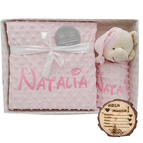 Various - Manta de Bebe Personalizado con su Nombre Bordado, Cochecito o Capazo. Manta + DouDou Set de Regalo para Recién Nacido
