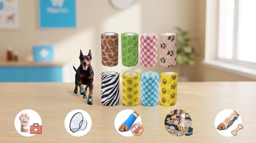 Image of Dog Bandage Cohesive Wrap for Paw & Leg | 10cm x 4.5m - Pack of 4 | Easy Tear, Fur Safe | Self Adhesive Elastic Vet Tape for Walking Protection, Wound Care & Licking Prevention Bandage Roll