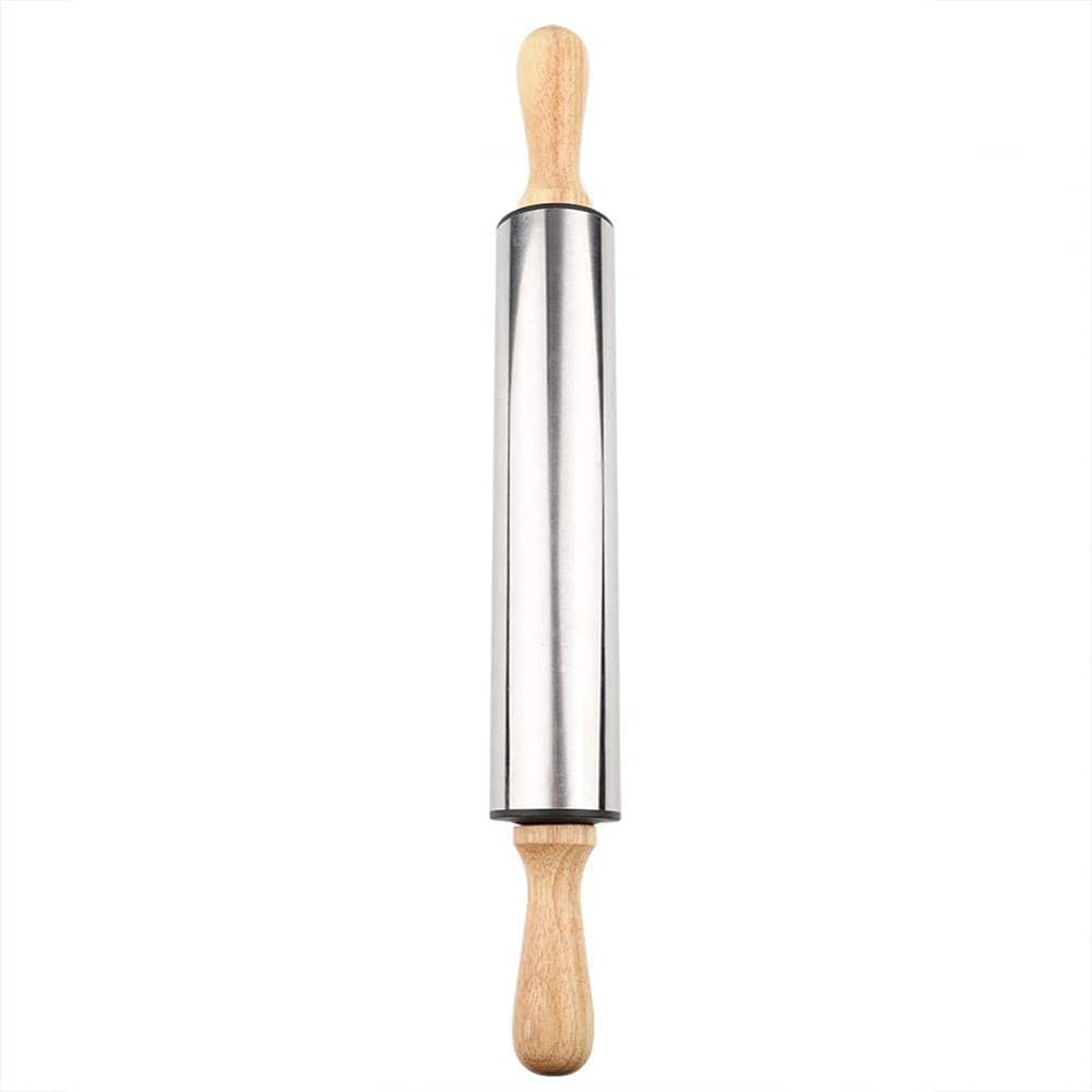 Teigroller aus Edelstahl mit Holzgriff zum Backen von Brot, Keksen, Kuchenkruste, Gebäckteig – perfektes Küchenwerkzeug für Hobbybäcker