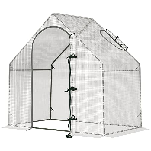 Outsunny Walk In Tomato Greenhouse Garden Outdoor Mini Greenhouse Flower Planter Steel Frame with Zipped Door & Window, PE Cover, 180 x 100 x 168CM, White