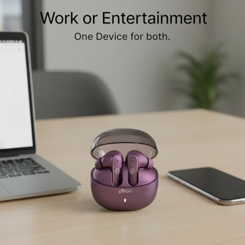 Image of pTron Bassbuds Indie in-Ear TWS Earbuds w / 10mm Drivers, 45Hrs Playtime, Dual HD Mic & AI-ENC Calls, Custom EQ, Mobile App, BTv5.4 Earphones, Voice Assistant, Type C Charging & IPX5 (Plum Perfect)