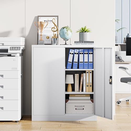 Image of Letaya Metal Storage Cabinets with Lock Door,2 Adjustable Shelves Organizer Steel Storage Cabinets for Home,Office,Warehouse,Garage,Employee Lockers(White)