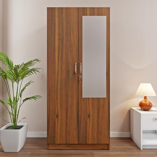 Image of VIKI Wardrobe | Shirakawa Wardrobe | Wooden Almirah for 2 Door Wardrobe with 4 Shelves with Mirror (Brussel Walnut - 40D x 80W x 180.8H) | 1 Year Warranty | Free Assembly