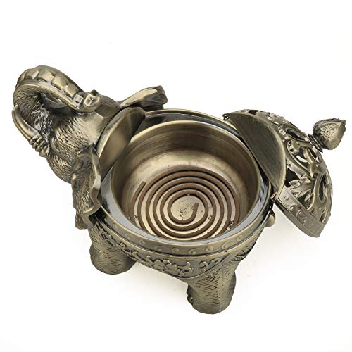 K COOL Metal Backflow Incense Holder Elephant Cone Coil Incense Burner Ash Catcher with Lid, Aromatherapy Ornament Home Office Decoration for Indoor Outdoor (Bronze)
