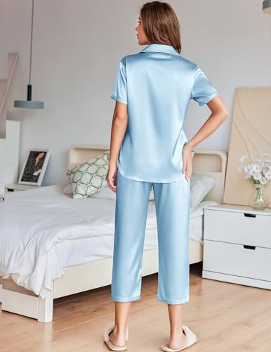 Image of Ekouaer Womens Satin Silky Capri Pajamas Short Sleeve Button Down Sleepwear