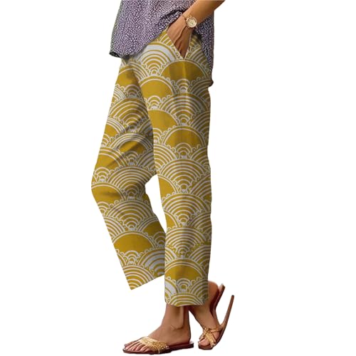 Boho Floral Pants for Women Leaf Print Wave Graphic Casual Pants Straight Leg High Waist Summer Baggy Beach Trousers