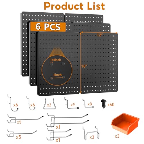 Image of Peg Board, 112PCS Heavy Duty Metal Pegboard with Hooks, 6 Pack Black Peg Board Panels, 60lbs Load Capacity Each, Pegboard Wall Organizer for Garage, Workshop, Kitchen, Craft Rooms
