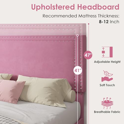Image of VECELO Full Size Upholstered Bed Frame with 4 Storage Drawers, Adjustable Velvet Rivet Decor Headboard, Wooden Slats Platform Support, No Box Spring Needed, Easy Assembly,Pink