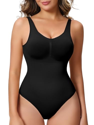 Image of Shapewear Bodysuits with Built in Bra Tummy Control Body Shaper | V Neck Wide Straps Compression Cami Faja Body Shaper with Crotch Hooks