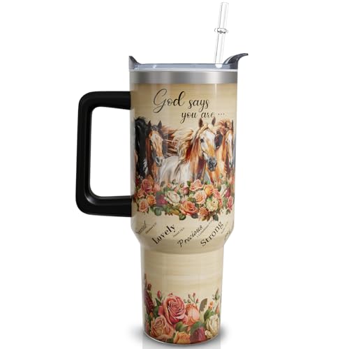 qoepfnsh 30 oz Horse Tumbler with Handle and Straw, Christian Stainless Steel Vacuum Insulated Travel Coffee Mug Cup Water Bottle, Horse Stuff Accessories Decor Gifts for Women Girls