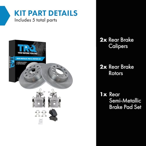 Image of TRQ Rear Brake Pad and Rotor Set Semi Metallic Rotors Calipers Compatible with 2010 Audi A3 A3 Quattro Volkswagen Golf Jetta 2011 GTI