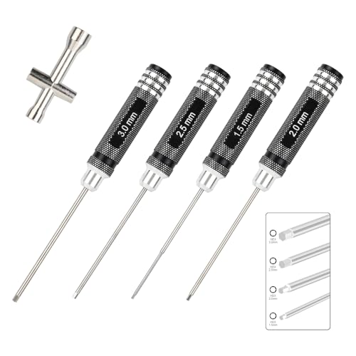 4 PCS Hex Screw Driver Set with Cross Wrenches Sleeve, 1.5mm 2.0mm 2.5mm 3.0mm Hex Screwdriver Set, for RC Car Drone Multi-Axis Helicopter