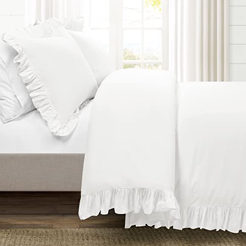 Image of Lush Decor Reyna Ruffle Cotton Duvet Cover Set 3 Piece Set King, Pure White - King Size Bedding Set - White Duvet King- Ruffled Bedding - Coquette Decor