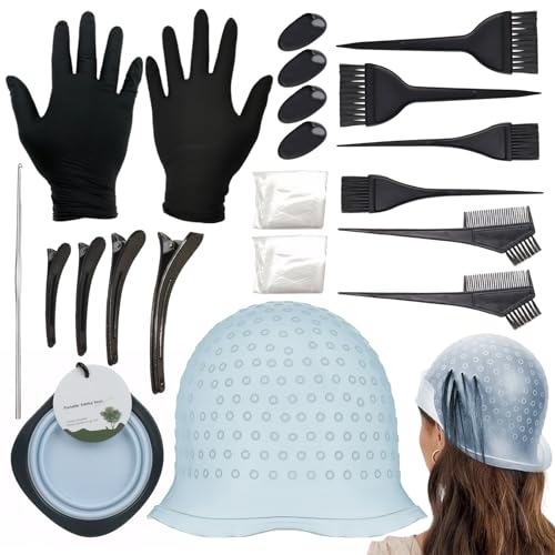 Pluvyze 24-teiliges Haarfärbepinsel-Set mit Strähnchenhaube, Haarfärbeschale, Ohrabdeckung, Handschuhen und Haarspangen - für Haarefärben zu Hause oder im Salon