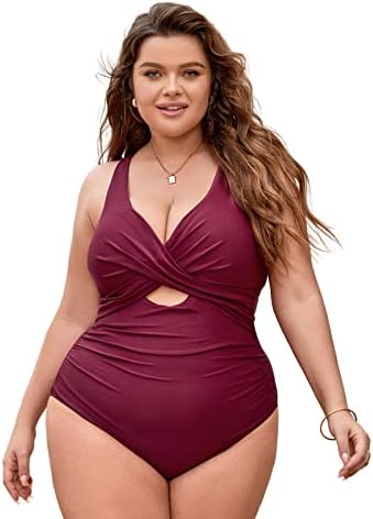 CUPSHE Plus Size Swimsuit for Women One Piece Bathing Suit Cutout Criss Cross V Neck Ruched Wide Cross Back Adjustable Straps,0X Red