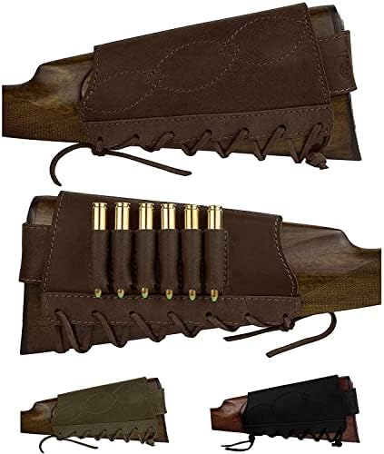 BRONZEDOG Leather Rifle Buttstock Shotgun Shell Holder Recoil Pad .30-30 .308 12/16Ga Hunting Butt Stock Cartridge Ammo Pouch (7.62 Caliber, Brown)