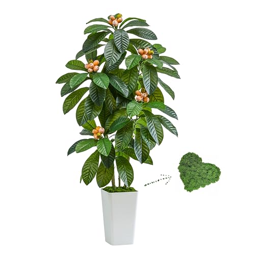 Artificial Loquat Tree 5FT Japanese Medlar Tropical Fruiting Plant Tall Artificial Plants Indoor-Loquat Tree Large Fruiting Silk Tree for Home Office Living Room Decor Indoor (White Tall Planter)