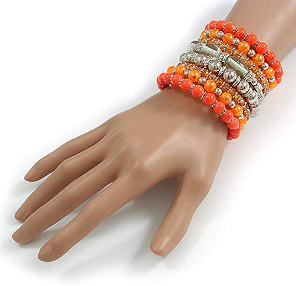 Avalaya Bracciale Largo A Spirale In Perline Di Ceramica, Vetro E Acrilico - Elasticizzato E Regolabile, Colori Arancione, Argento E Trasparente