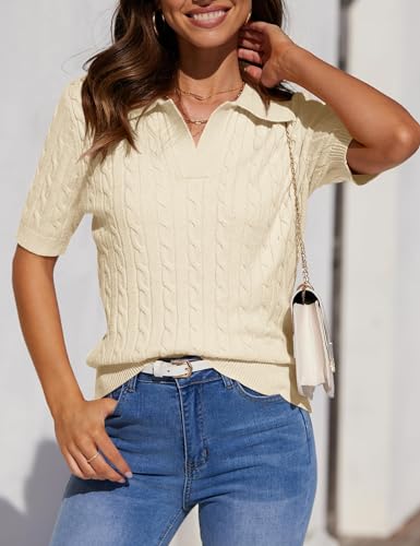 Image of BeautyNee Women's Short Sleeve Sweaters Tops Solid Lapel V Neck Cable Knit Polo Sweater Casual Soft Collared Pullover