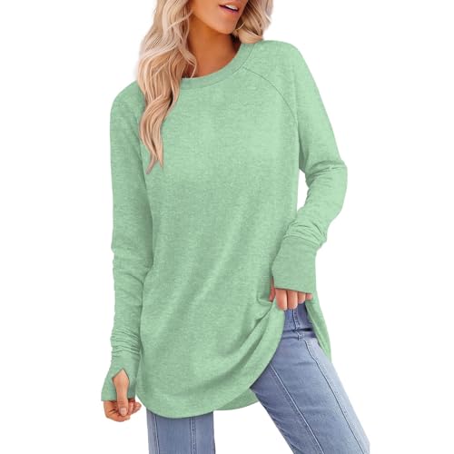 VYLYNL Ladies Tunics to Wear with Leggings Casual Solid Color Long Tshirt Oversized Shirt Crew Neck Basic Top Loose Fit Blouse Shirts Relaxed Fit Casu