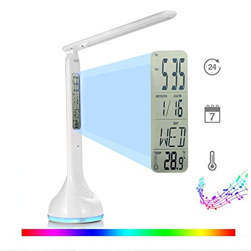 Fitfirst Lampe De Bureau LED 3 Modes De Luminosité, 7 Couleurs De La Base, Lumière Réglables Avec Contrôle Tactile, Chargeur USB, Fonction Réveil,Calendrier,Lampe De Lecture Pliante 180°