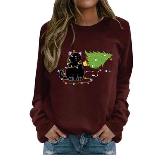 Softie - Suéter informal para mujer, cuello redondo, raglán, manga larga, árbol de Navidad, bombilla, gato, impresión de adolescentes y niñas, rojo, XXL