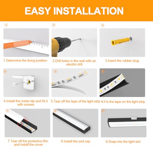 Angdarun Perfil de aluminio LED negro, perfil de tira LED 6 paquetes x 1 m en forma de V, riel de tira LED, difusor LED con puntas (blanco + negro U form 6 Stück) - imagen 5