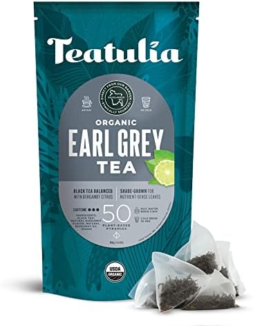 Teatulia Organic Earl Grey Tea Bags (50 Pyramid Tea Bags) | 100% Compostable | Black Tea + Bergamot Citrus Sustainably Grown In Bangladesh
