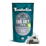Teatulia Organic Earl Grey Tea Bags (50 Pyramid Tea Bags) | 100% Compostable | Black Tea + Bergamot