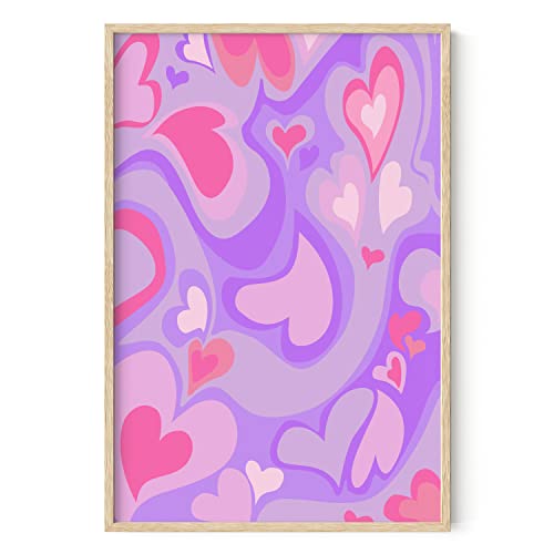 HAUS AND HUES Pink Poster Cute Wall Decor - Purple Aesthetic Room Decor, Indie Posters for Teens, Y2k Posters for Teen Girls Room, Aesthetic Wall Decor and Purple Hearts (Beige Frame, 24x36)