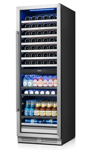 Yeego 24 Inch Wine Fridge – Wine and Beverage Cooler 34°F-65°F, 304 Stainless Steel Glass Door Lock, Temp Memory Blue & White LED Built-in Fridge with Adjustable Shelves (182 Can+77 Bottle)