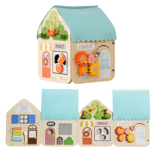 IDEA FAMILY 2 in 1 Montessori Wooden Busy Board House, Multi-Functional Foldable Busy Board, Fine Motor Skills Training for Little Kids Aged 1-3, Gifts for Boys and Girls