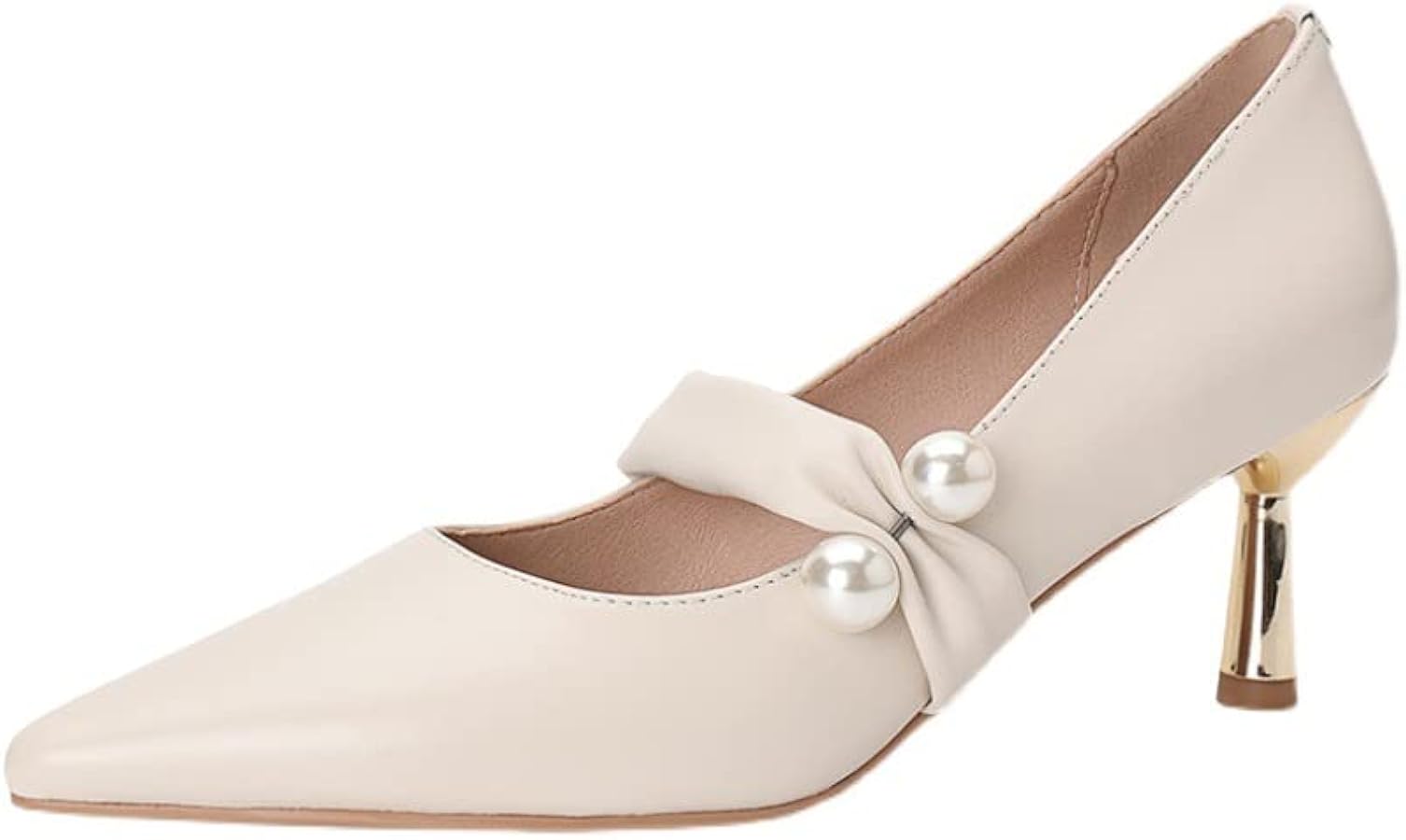 Amazon.com: MATERUIEYES White Heels Female Pointed Toe Spring Wedding Shoes  Senior Pearl Single Shoes (Beige,5) : Clothing, Shoes & Jewelry