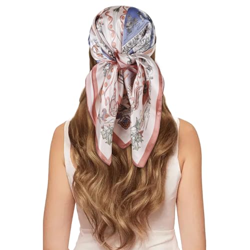 EXTREE 100% Pure Mulberry Silk Scarf Fashion Hair for Women Scarf Lightweight Square Neckerchief 27.5× 27.5 inches Roman Garden Lotus Root Starch