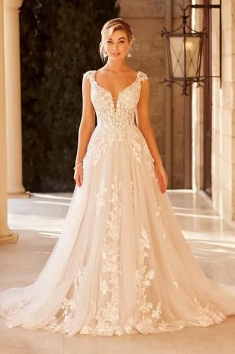 Ivory Lace Appliques Wedding Dresses For Bride 2026 Long Tulle Cap Sleeve A-Line V-Neck Backless Bridal Dress For Women Us16 #TOP1