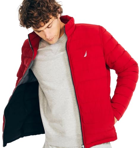 Nautica Men's Reversible Quilted Puffer Jacket –Midweight Mechanical Stretch Winter Coat, Red/Black X Grey., X-Large
