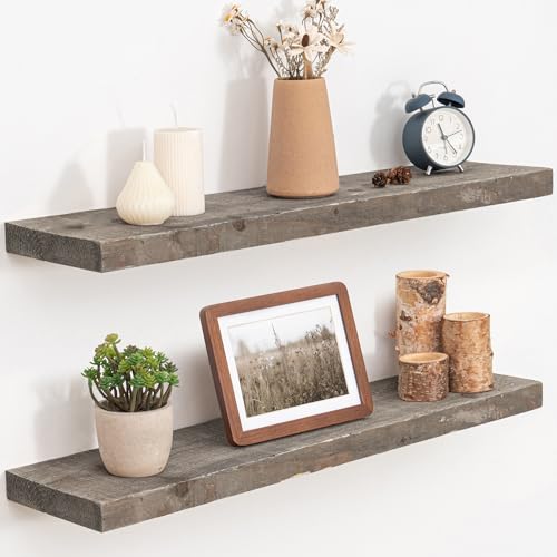 FLYJOE Floating Shelves, 8 Inch Deep Rustic Solid Reclaimed Wood Wall Shelves for Storage, Wall Mounted Display Shelving with Invisible Heavy-Duty Metal Bracket, 30 Inch Width Set of 2, Grey