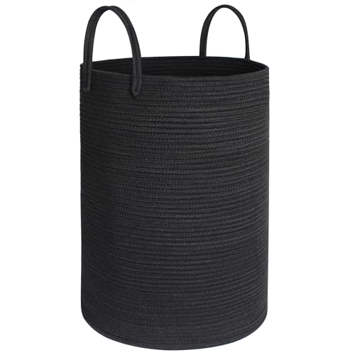 MEGASKET Large Woven Laundry Basket, 80L Tall Blanket Storage for Living Room, Cute Nursery Kids Baby Laundry Hamper, Cloth Hamper for Bedroom Aesthetic, Cotton Rope Floor Toy Storage Bin, Black