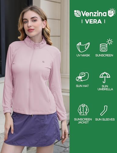 Image of Venzina Women's UPF 50+ Lightweight Athletic Jacket UV Sun Protection Full Zip Cooling Hoodie Long Sleeve Sunscreen Protective Clothing for Women for Outdoor Hiking, S-XL