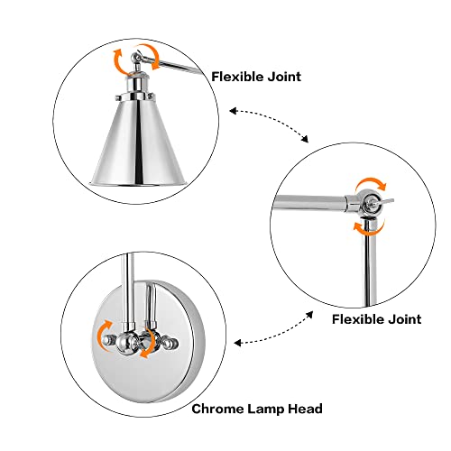 Wingbo Swing Arm Adjustable Wall Lamps Set Of 2 Hardwired Light Fixture Up Down Metal Shade For Bedroom Bedside Reading Living Room Home Hallway Dining Kitchen, Chrome #TOP6
