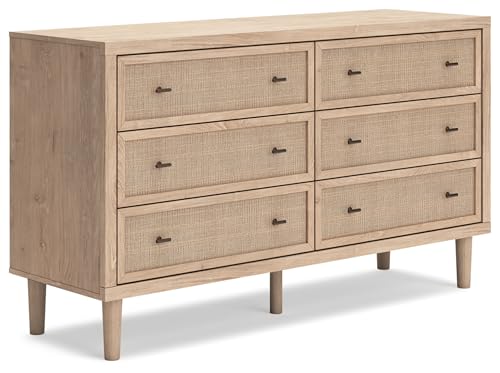 Image of Signature Design by Ashley Cielden 6 Drawer Dresser, Quick 10-Minute Assembly, Textured Cane Details, Coastal Modern Bedroom Storage, Light Brown Two-Tone
