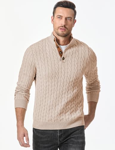 Image of JMIERR Men's Cable Knit Pullover Sweater Casual Long Sleeve Stand Collar Button Knitted Sweaters