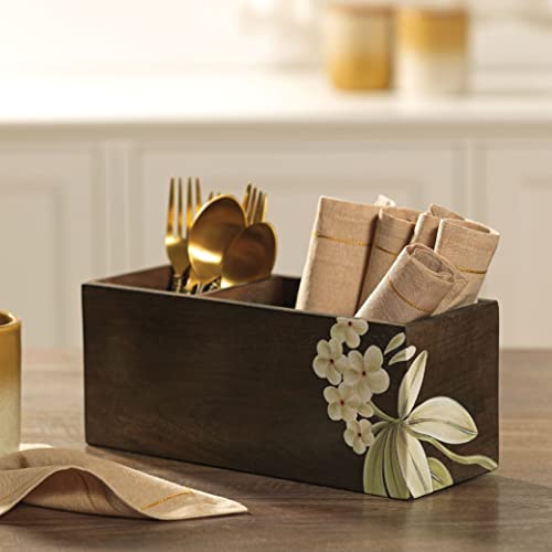 Image of Ellementry Frangipani Wooden Cutlery Stand & Organizer Stand for Spoons, Forks & Knives, Modern Counter Top Tableware Storage Box for Kitchen & Dining Table, Utensil Organizer for Home & Office